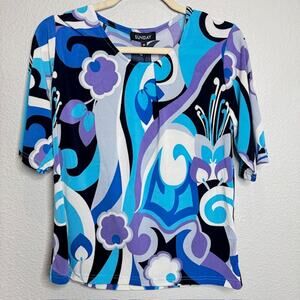 Sunday M Blue Purple Abstract Print Top Silky Stretch Crew Neck Blouse NEW